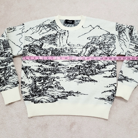 Cider Women’s Landscape Print Sweater Medium Cream Black Round Neck Regular Fit - Picture 6 of 10